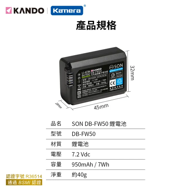 【KANDO】充電組合 for Sony NP-FW50(DB-FW50/鋰電池二入+液晶雙槽充電器)