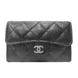 【CHANEL 香奈兒】AP0214 經典雙C銀LOGO 菱格紋牛皮扣式零錢包/卡片夾(黑色)