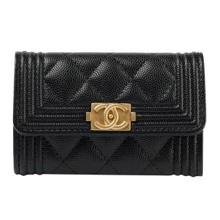 【CHANEL 香奈兒】A80603 經典BOY復古金扣牛皮扣式零錢包(黑色)