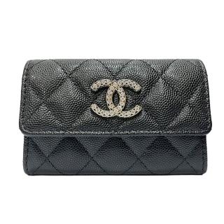 【CHANEL 香奈兒】AP3400 經典雙C水鑽LOGO菱格紋牛皮零錢包(黑色)
