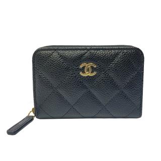 【CHANEL 香奈兒】AP0216 經典雙C金LOGO菱格紋牛皮拉鍊零錢包(黑色)
