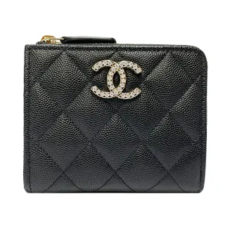 【CHANEL 香奈兒】AP4559 經典雙C水鑽LOGO菱格紋牛皮L型拉鍊卡夾零錢包(黑色)