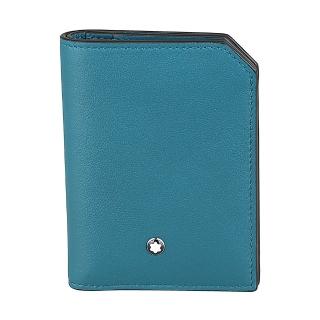 【MONTBLANC 萬寶龍】Mont Blanc Soft凸面金屬LOGO小牛皮4卡壓釦式對開小皮夾(迷你/灰藍)