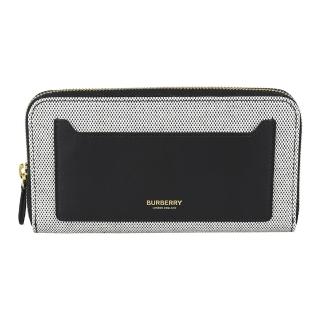 【BURBERRY 巴寶莉】BURBERRY燙印金字LOGO帆布拼接牛皮12卡拉鍊長夾(黑x黑)