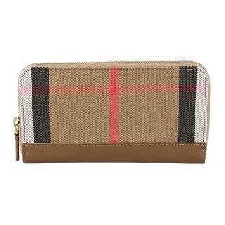 【BURBERRY 巴寶莉】BURBERRY經典格紋織布拼接牛皮12卡ㄇ字型拉鍊長夾(土棕)