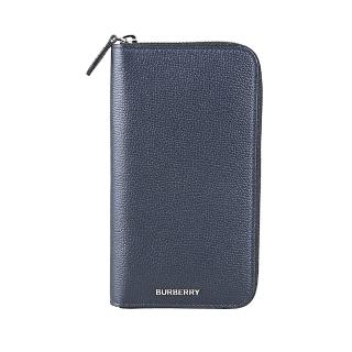 【BURBERRY 巴寶莉】BURBERRY金屬銀字LOGO牛皮12卡直立式拉鍊長夾(深海軍藍)