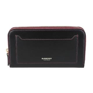 【BURBERRY 巴寶莉】BURBERRY燙金字LOGO牛皮12卡ㄇ形拉鍊長夾(黑x內裡酒紅)