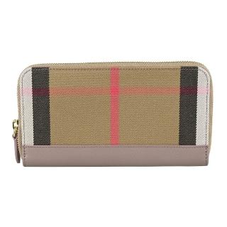 【BURBERRY 巴寶莉】BURBERRY經典格紋織布拼接牛皮12卡ㄇ字型拉鍊長夾(貂灰)