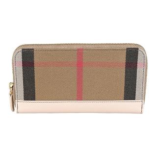【BURBERRY 巴寶莉】BURBERRY經典格紋織布拼接牛皮12卡ㄇ字型拉鍊長夾(淺粉)