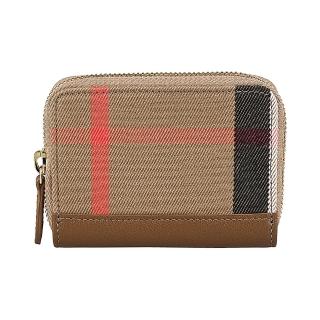 【BURBERRY 巴寶莉】BURBERRY內燙金字LOGO格紋帆布拼牛皮4卡ㄇ形拉鍊卡夾零錢包(土棕)