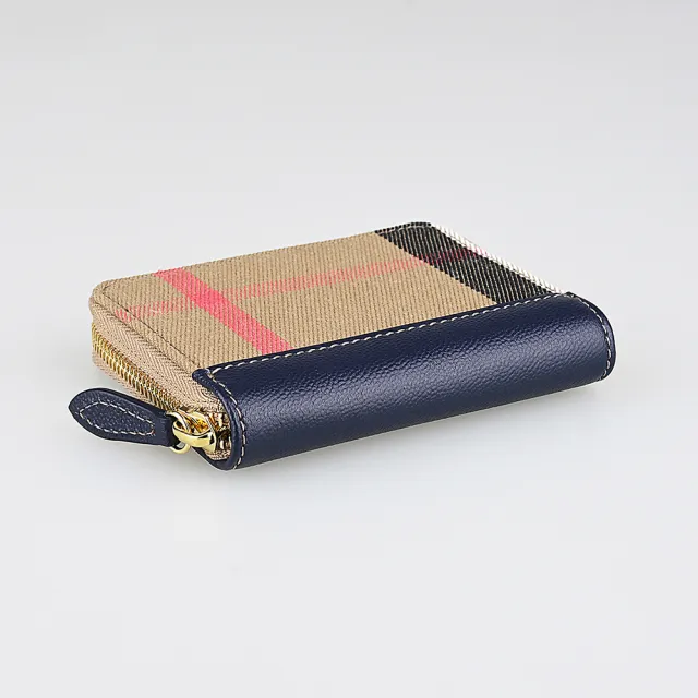 【BURBERRY 巴寶莉】BURBERRY內燙金字LOGO格紋帆布拼牛皮4卡ㄇ形拉鍊卡夾零錢包(深藍)