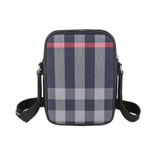 【BURBERRY 巴寶莉】BURBERRY Paddy內皮革燙銀LOGO格紋帆布拼接牛皮拉鍊直式斜揹包(海軍藍x灰x黑)