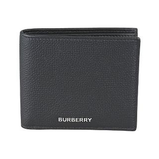【BURBERRY 巴寶莉】BURBERRY雷雕銀字LOGO小牛皮8卡對折短夾(男款/黑)