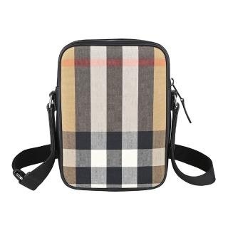 【BURBERRY 巴寶莉】BURBERRY Paddy內裡銀字LOGO格紋帆布拼接牛皮拉鍊斜揹包(褐x灰x黑)