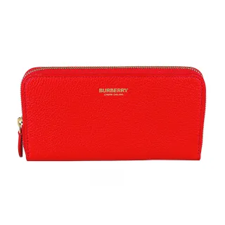 【BURBERRY 巴寶莉】BURBERRY燙印金字LOGO荔枝紋小牛皮12卡拉鍊長夾(亮紅)