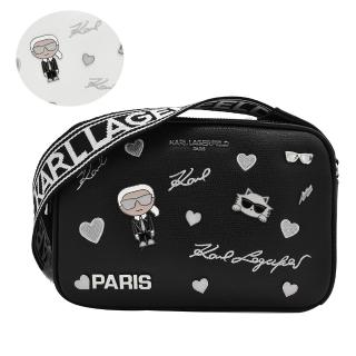 【KARL LAGERFELD 卡爾】卡爾老佛爺人像貓咪圖案雙拉鍊相機包斜揹包