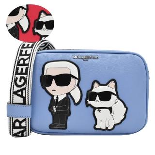【KARL LAGERFELD 卡爾】卡爾老佛爺人像貓咪雙拉鍊相機包斜揹包