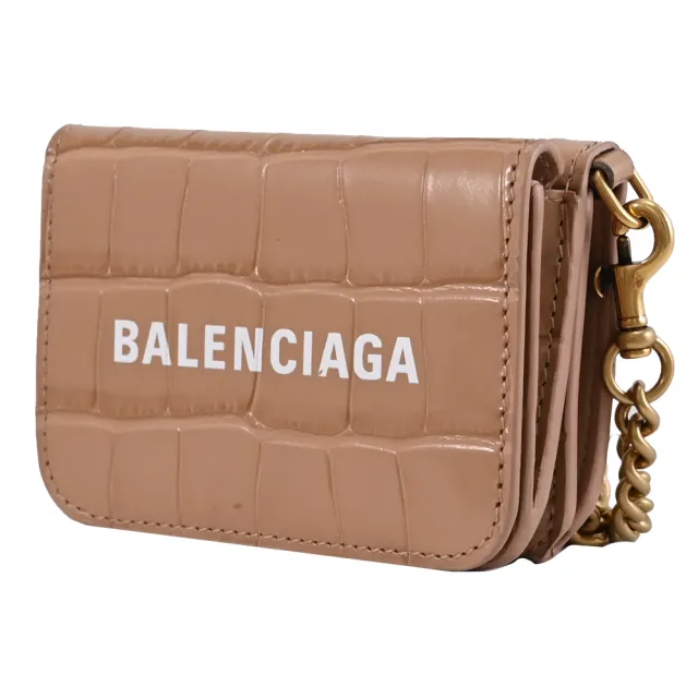 【Balenciaga 巴黎世家】品牌LOGO鱷魚壓紋零錢短夾小廢包斜背包(褐色)