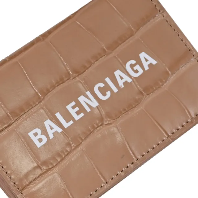 【Balenciaga 巴黎世家】品牌LOGO鱷魚壓紋零錢短夾小廢包斜背包(褐色)