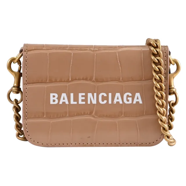 【Balenciaga 巴黎世家】品牌LOGO鱷魚壓紋零錢短夾小廢包斜背包(褐色)