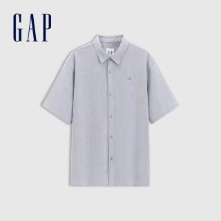 【GAP】男裝 純棉小熊刺繡翻領短袖襯衫-灰色(731311)