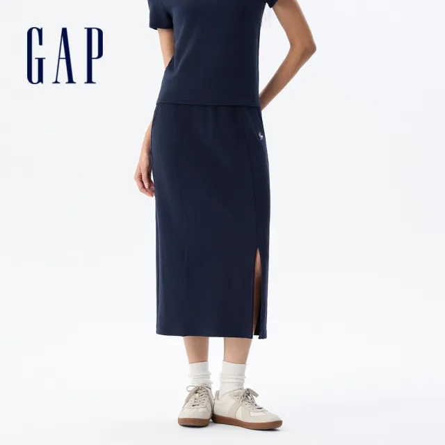 【GAP】女裝 Logo刺繡抽繩鬆緊長裙-海軍藍(765832)