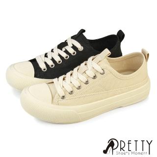 【Pretty】女鞋 帆布休閒鞋 小白鞋 平底 奶油頭 無印風 帆布(米色、黑色)
