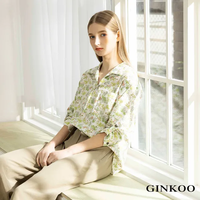 【GINKOO 俊克】花草印花七分袖棉麻上衣