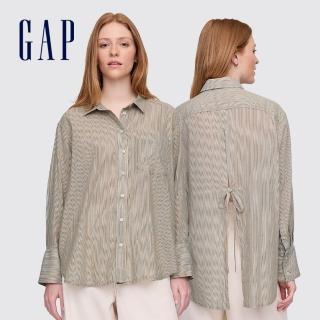 【GAP】女裝 純棉翻領長袖襯衫-卡其條紋(776643)