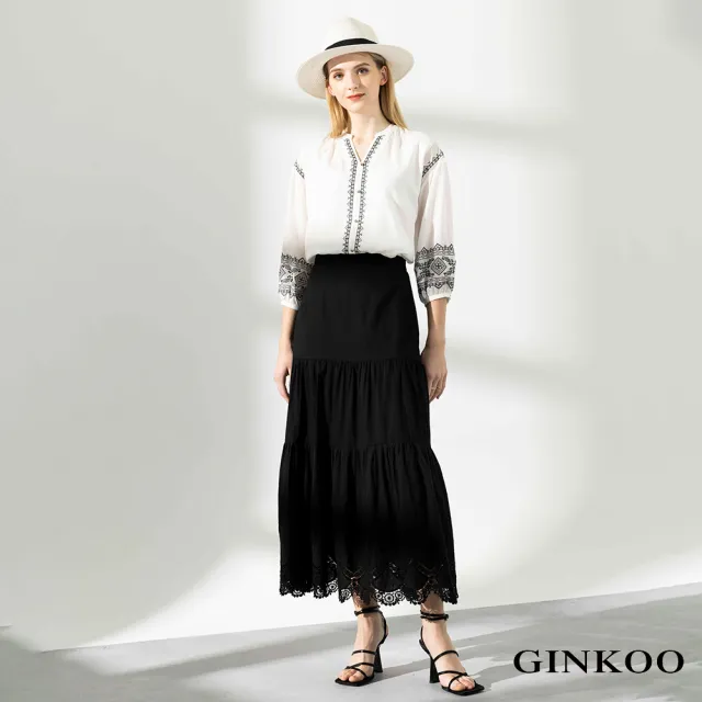 【GINKOO 俊克】棉質花紋七分袖上衣