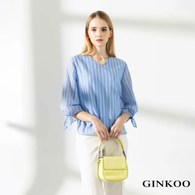 【GINKOO 俊克】V領條紋袖口綁帶上衣
