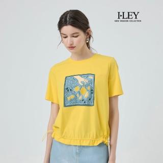 【ILEY 伊蕾】亮片插畫印花抽繩棉質上衣(黃；M-XL；1252591203)