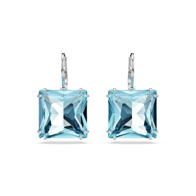 【SWAROVSKI 施華洛世奇】Millenia 水滴形耳環 方形切割 藍色 鍍白金色