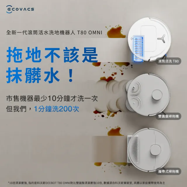 【ECOVACS 科沃斯】T80 OMNI 全新一代滾筒活水洗地掃拖機器人(邊洗邊拖/16倍壓強/無縫貼邊)