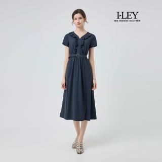 【ILEY 伊蕾】-3℃荷葉門襟腰帶長洋裝(深藍；M-2L；1252027008)