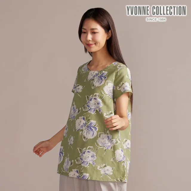 【YVONNE 以旺傢飾】網路限定|花卉印花棉麻短袖-橄欖綠
