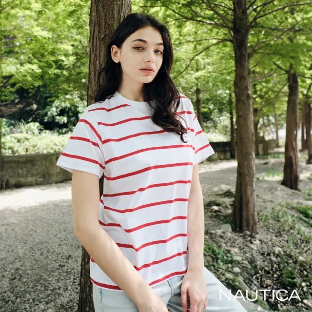 【NAUTICA】官方旗艦 女裝 百搭細條紋短袖T恤(白色)