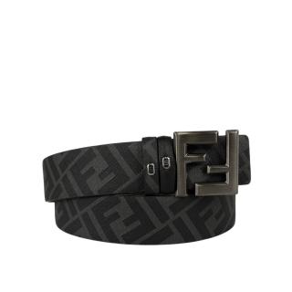 【FENDI 芬迪】FF Squared 鐵灰釦帆布及牛皮雙面可用皮帶(黑色/白色)