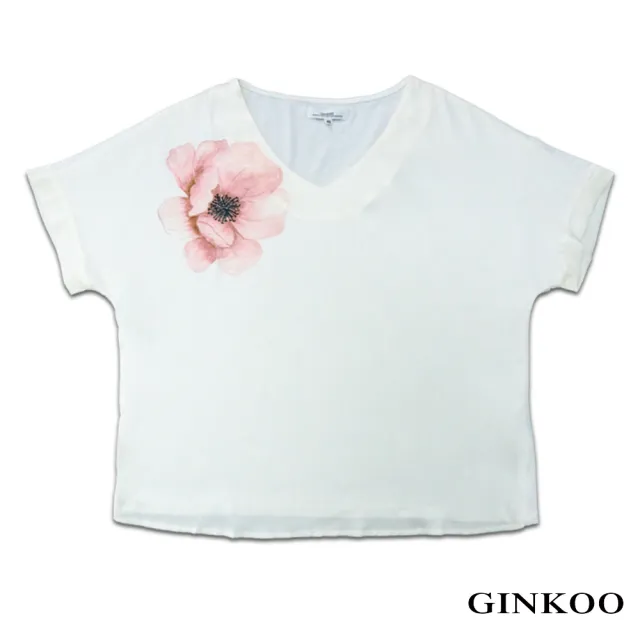 【GINKOO 俊克】V領花印短袖上衣