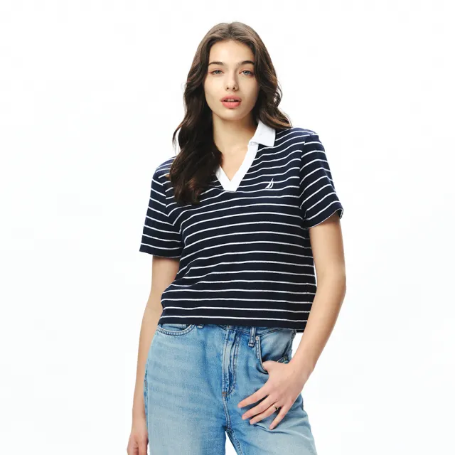 【NAUTICA】官方旗艦 女裝 經典條紋白領短袖POLO衫(深藍色)