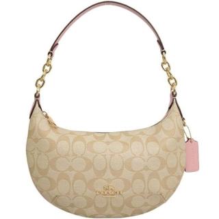 【COACH】HOBO粉X淺卡其PVC滿版LOGO肩背月牙包
