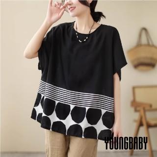 【YOUNGBABY】條紋圓點層次印花連袖上衣 中大尺碼女裝