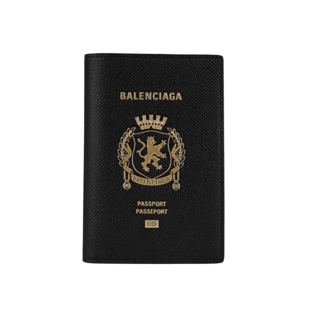 【Balenciaga 巴黎世家】金色燙印紋理牛皮對開護照夾(黑色)