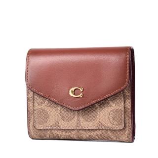 【COACH】專櫃款 經典緹花LOGO防刮三折信封短夾-卡其色