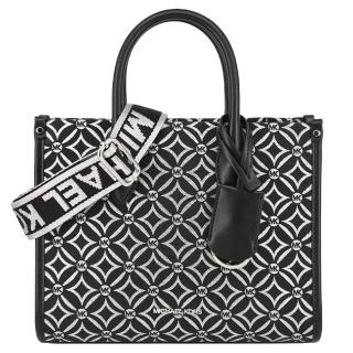 【Michael Kors】MIRELLA系列 銀字LOGO 拉鍊 寬背帶 斜揹包 紙袋包 托特包(黑銀)