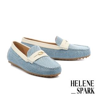 【HELENE SPARK】復古時尚金屬釦牛仔布拼接樂福方頭平底鞋(藍)