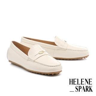 【HELENE SPARK】復古時尚金屬釦全真皮樂福方頭平底鞋(米白)