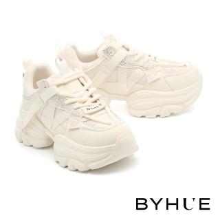 【BYHUE】率性街頭風晶鑽異材質軟芯老爹厚底休閒鞋(白)