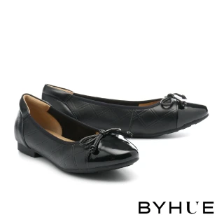 【BYHUE】簡約氣質純色蝴蝶結異材質軟芯低跟鞋(黑)