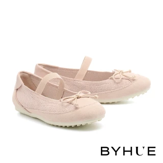 【BYHUE】簡約純欲風蝴蝶結鬆緊帶軟芯瑪莉珍平底鞋(粉)